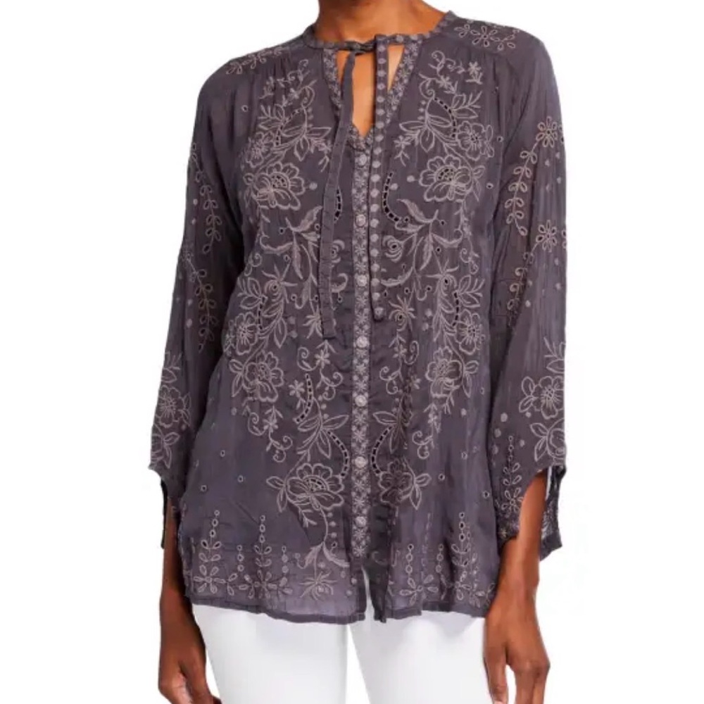 Johnny Was Charcoal Embroidered Blouse